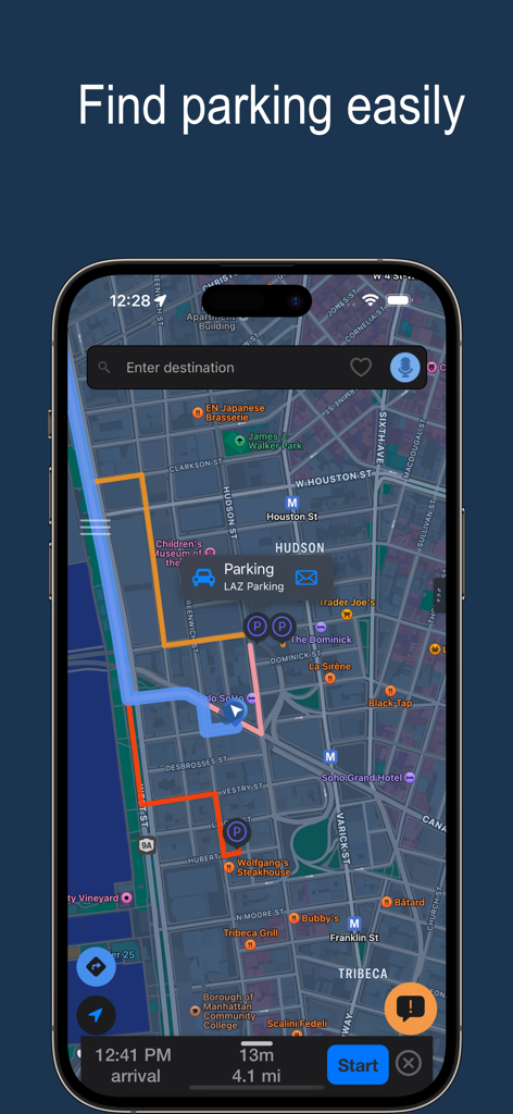 Interfaz de la aplicación de Navegación Waye que muestra ubicaciones de aparcamiento y opciones de ruta en un mapa de ciudad