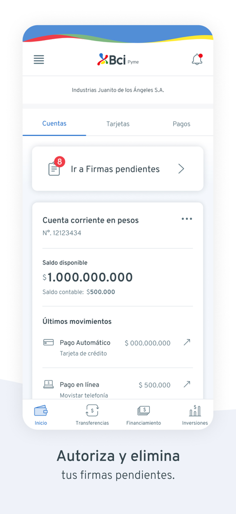 Interfaz de la aplicación móvil Bci Pyme que muestra el saldo de la cuenta empresarial y las firmas pendientes.