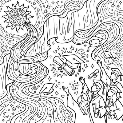 Embark on a creative journey with this captivating coloring page that beautifully merges the celestial wonder of the Solar Wind aurora with the joyous milestone of Graduation Day. Perfect for celebrating success and envisioning a bright future, this unique design offers an inspiring canvas for your artistic touch.