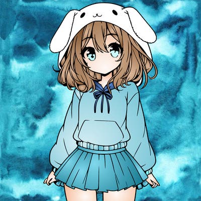 pretty anime girl wearing a fluffy hoodie with bunny ears on the hood and a skirt