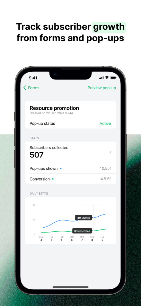MailerLite Manager - MailerLite Manager app interface showing subscriber growth statistics from pop-ups including conversion rates and a performance graph.