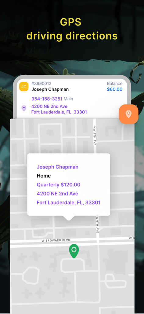 GorillaDesk - GorillaDesk app interface showing GPS driving directions and customer location on a map.