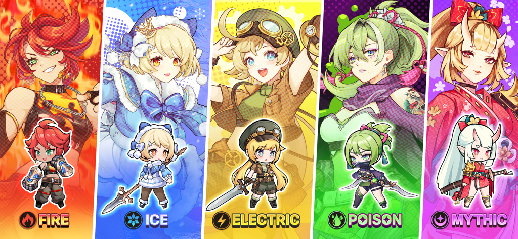 Hero Blitz: RPG Roguelike War - Five anime heroes from Hero Blitz representing Fire Ice Electric Poison and Mythic elements.