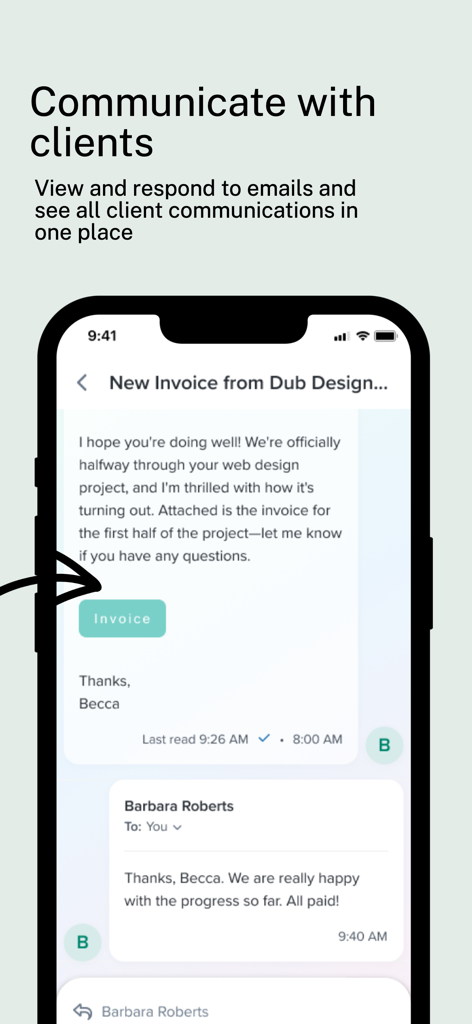 Dubsado - Dubsado app screenshot showing a client email thread with an invoice button on an iPhone.
