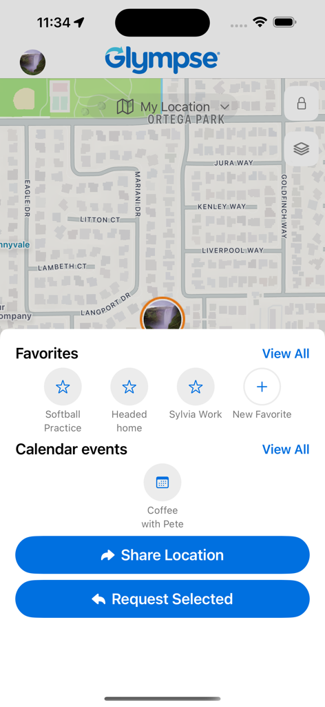 Glympse mobile app showing map with location sharing favorites and calendar events