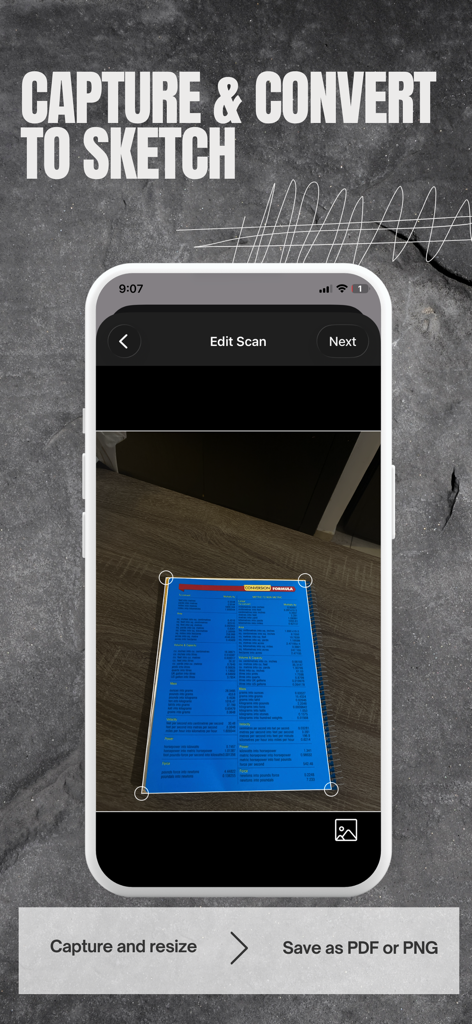 A smartphone using the PDF Scanner RS app to capture and crop a document with smart edge detection