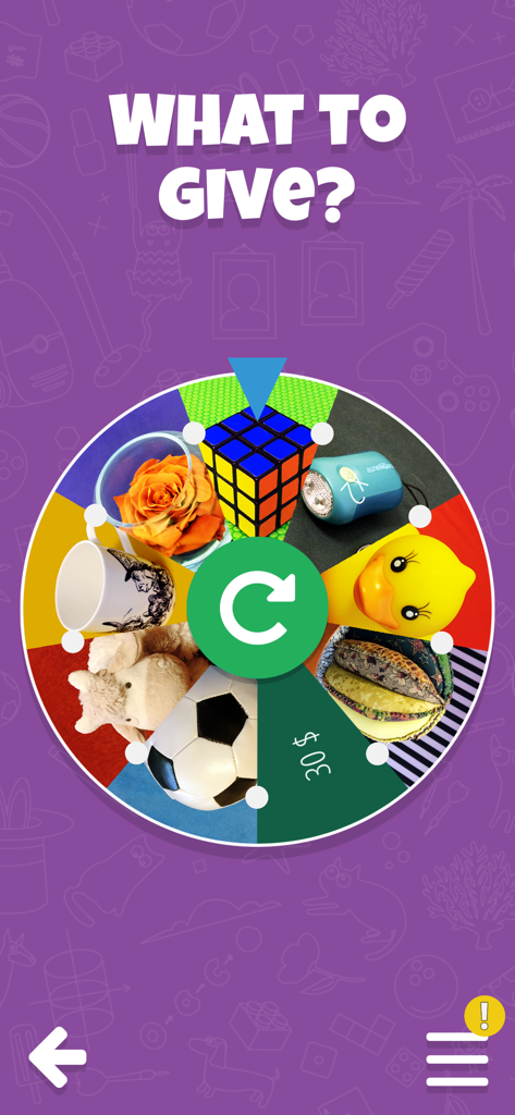 Decision Roulette: you choose! - ルービックキューブやサッカーボールなどのさまざまなギフトオプションが表示された「贈るもの」というテキストが表示された意思決定ルーレットホイールインターフェース