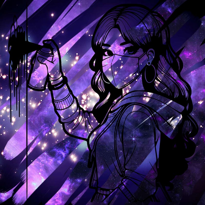 realistic girl with mask spray painting a wall