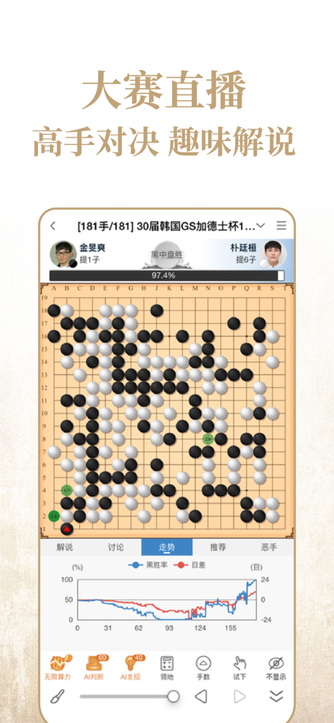 L'interface de l'application Yike Weiqi affiche une partie de Go professionnelle en direct avec un graphique d'analyse du taux de victoire en temps réel basé sur l'IA.