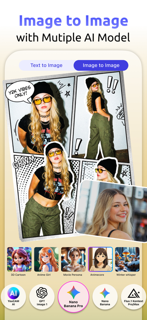 YouCam AI Pro mobile App-Oberfläche für die Bild-zu-Bild-Transformation im Comic-Stil.