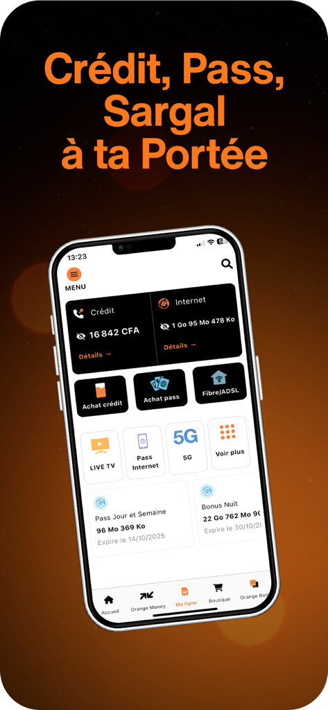Captura de pantalla de la interfaz de la aplicación Orange Max it Senegal que muestra los saldos de crédito e internet