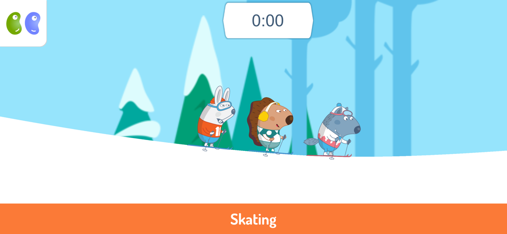 B&B Winter Sports Games - Três personagens animais de desenho animado competindo em um mini-jogo de patinação.