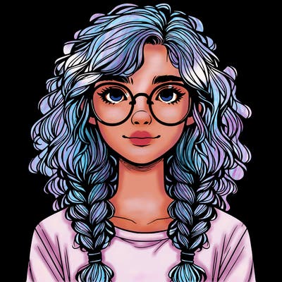 realistic girl with glasses and frizzy hair in braids