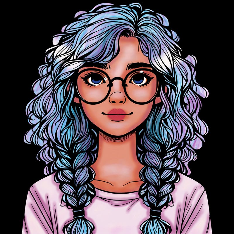 realistic girl with glasses and frizzy hair in braids