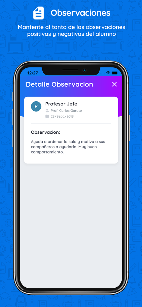 Appoderado - A mobile screenshot of the Appoderado app showing detailed teacher observations and feedback regarding student behavior.