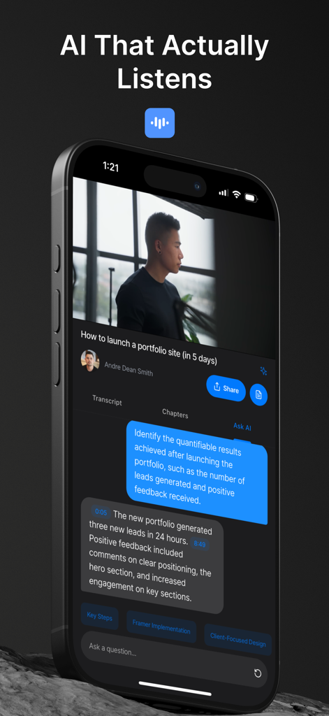 ScreenApp Meeting Minutes AI - ScreenApp mobile app interface showing an AI assistant summarizing a video presentation on an iPhone