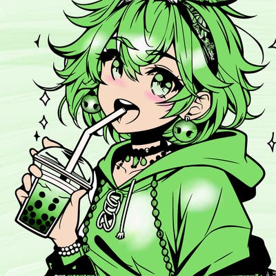hot baddie anime girl drinking boba and biting the straw