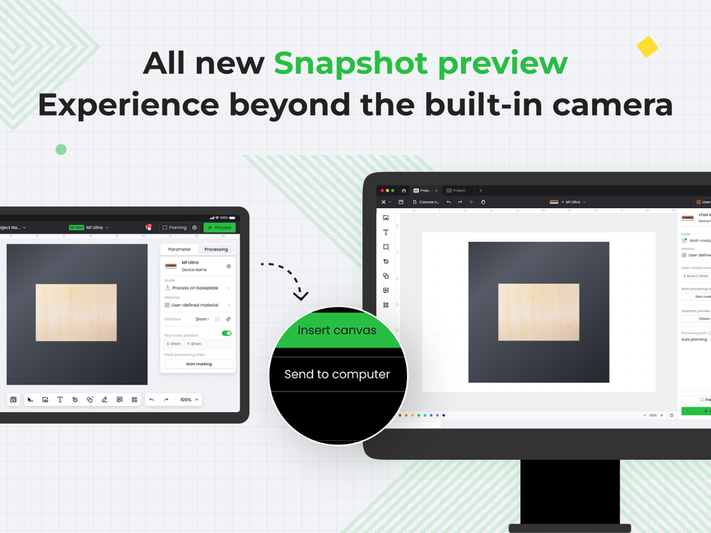 xTool Creative Space - Die xTool Creative Space App zeigt eine Schnappschuss-Vorschau und die Synchronisierung von Designs zwischen Mobilgeräten und Desktops.