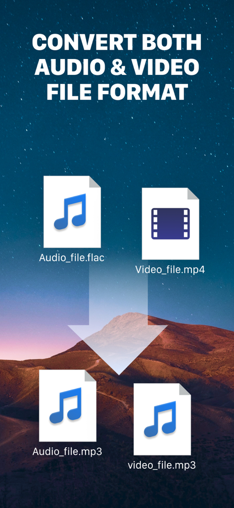 My Converter: Music & Audio - Un gráfico que ilustra la conversión de archivos de audio FLAC y vídeo MP4 a formato MP3 dentro de la aplicación