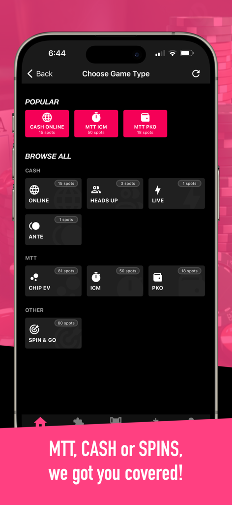 GTO Ranges plus poker game type selection screen for cash games and tournaments
