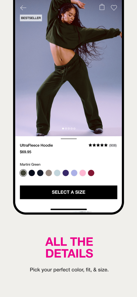 Garage: Online Fashion - Garage fashion app interface showing product details and color options