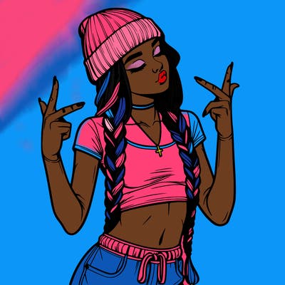 realistic teenage girl with braids and a beanie and crop top doing 🫶🏼