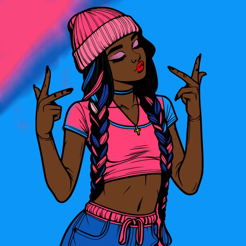 realistic teenage girl with braids and a beanie and crop top doing 🫶🏼