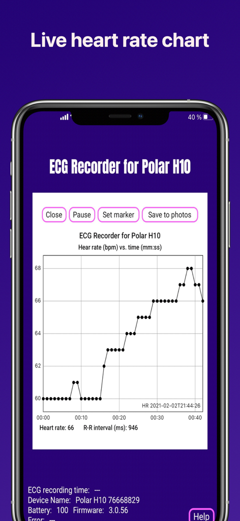ECG Recorder for Polar H10 - Live heart rate chart interface on the ECG Recorder for Polar H10 app showing beats per minute over time