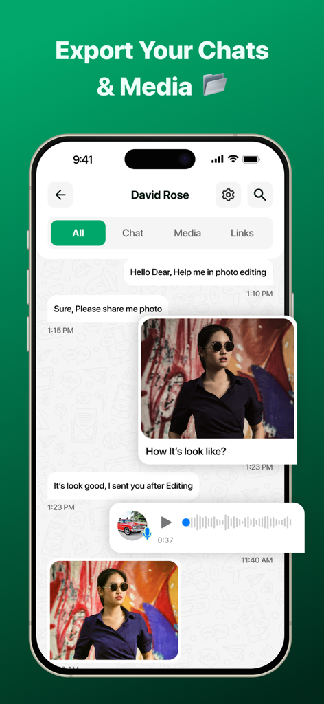 WAM - Recover Deleted Messages - WAM app interface showing the export chats and media feature with recovered messages, photos, and voice notes.