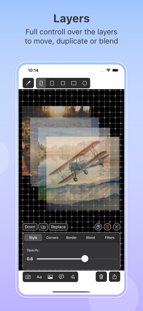 Cre8 - Photo Editor & Drawing - Interface of Cre8 app showcasing advanced layer management with opacity and blending controls for photo editing.