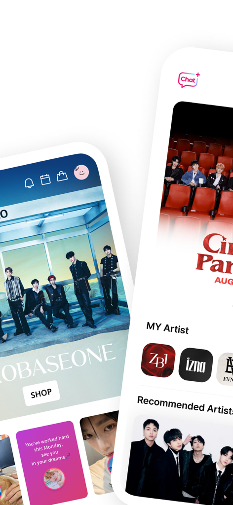 Plus Chat for K-POP - Pantallas de la aplicación móvil que muestran perfiles de artistas K-POP y funciones de interacción de fans