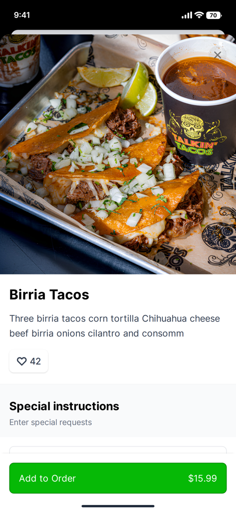 Talkin Tacos - Interfaz de la aplicación Talkin Tacos para pedir tacos de birria