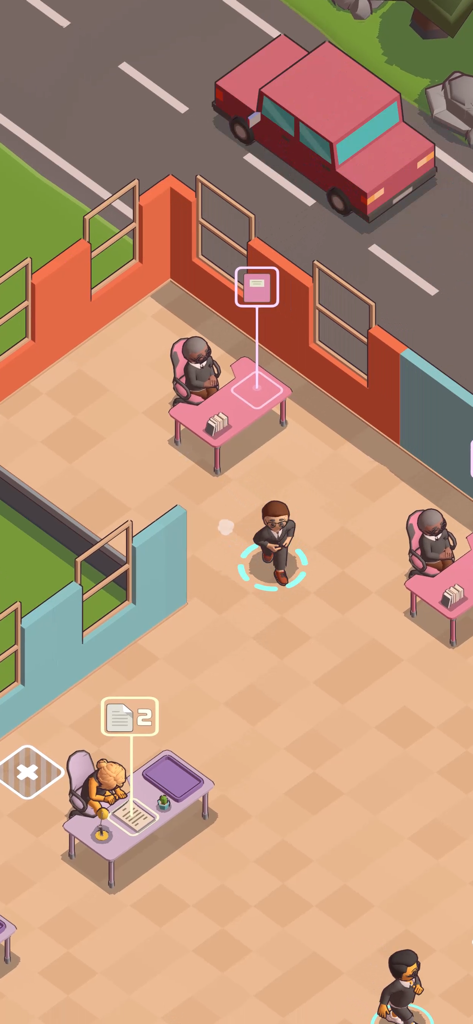 Office Tycoon: Expand & Manage - Isometric view of a corporate office in a management simulation game showing employees at desks and a manager walking through the workspace.