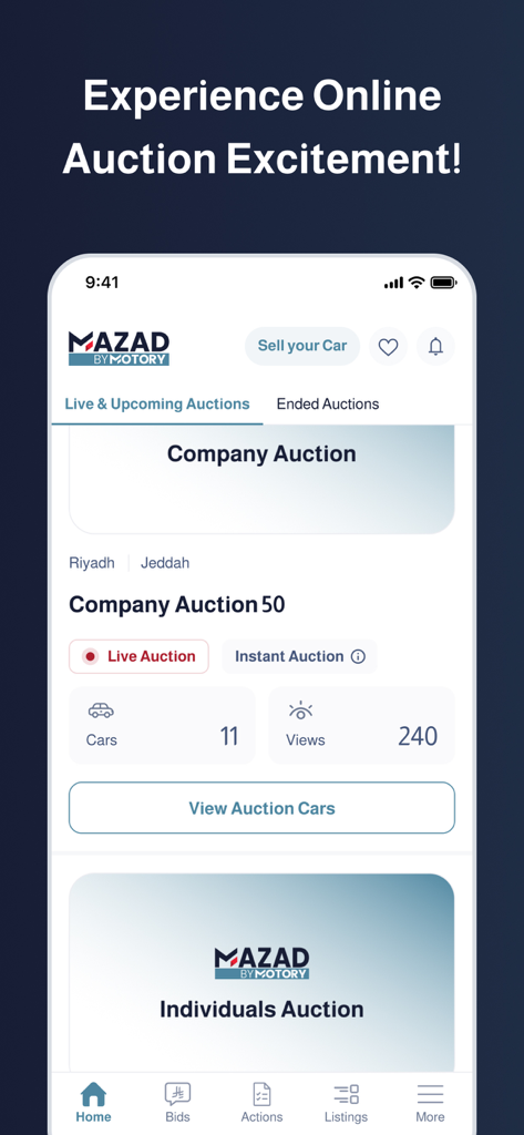 Mazad By Motory - Car Auctions - Startbildschirm der Mazad by Motory App, der Live-Autoversteigerungsangebote und Bietoptionen anzeigt