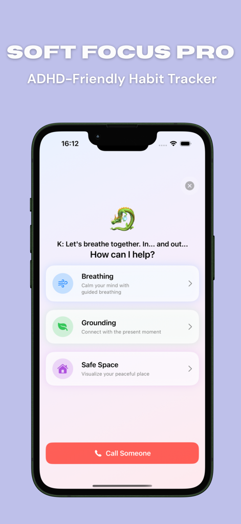 Interfaccia di Soft Focus Pro che mostra opzioni di radicamento tramite respirazione e spazio sicuro