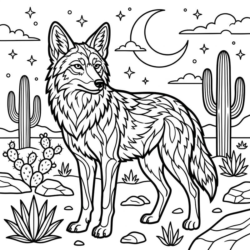 Discover the beauty of the desert with this captivating coloring page featuring a majestic coyote. Designed with clear lines and engaging details, it's perfect for seniors seeking a relaxing and creatively stimulating activity.