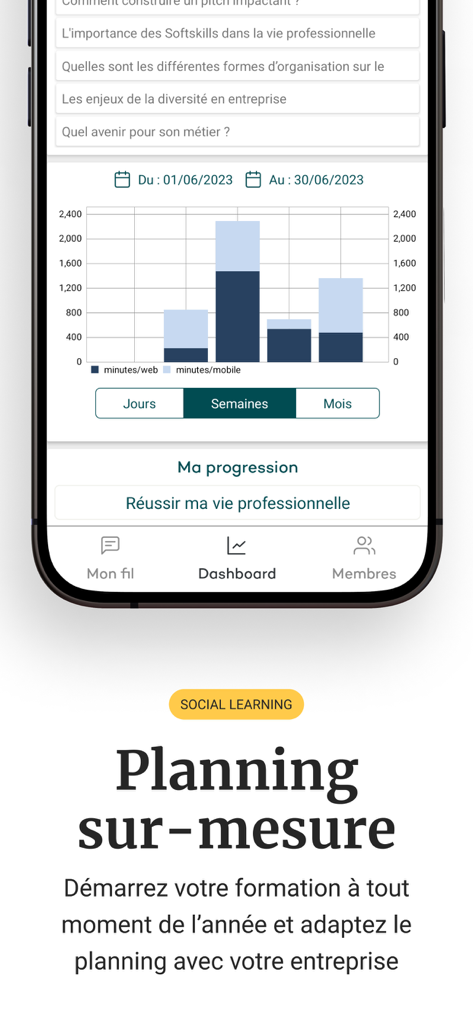 Studi - Comptalia - Interface de l'application mobile Studi Comptalia montrant un tableau de bord d'apprentissage avec des analyses du temps d'étude et une planification de cours professionnels.