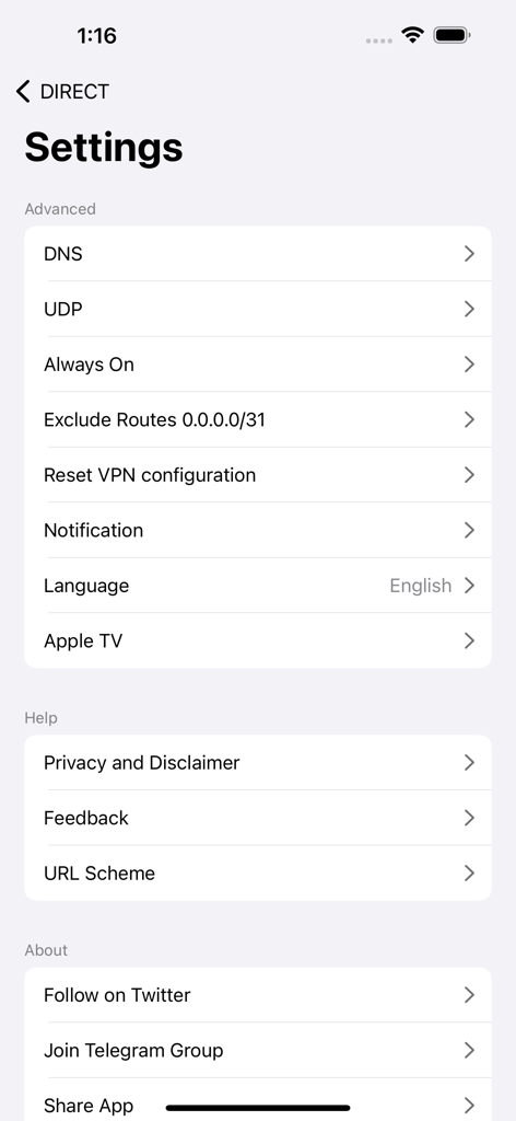 Loon Lite - Menú de configuración de la aplicación Loon Lite con opciones de red avanzadas que incluyen DNS UDP e integración con Apple TV