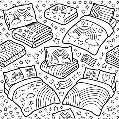 This heartwarming coloring page features cozy bedding items decorated with vibrant Pride themes. Young artists can bring rainbows, hearts, and messages of love to life with their favorite colors.
