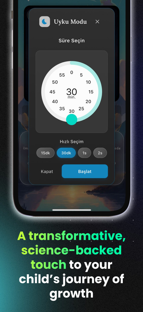 Kids Sleep & Healing Tales - Pantalla del temporizador de modo de suspensión en la aplicación Kids Sleep and Healing Tales para gestionar las rutinas a la hora de dormir