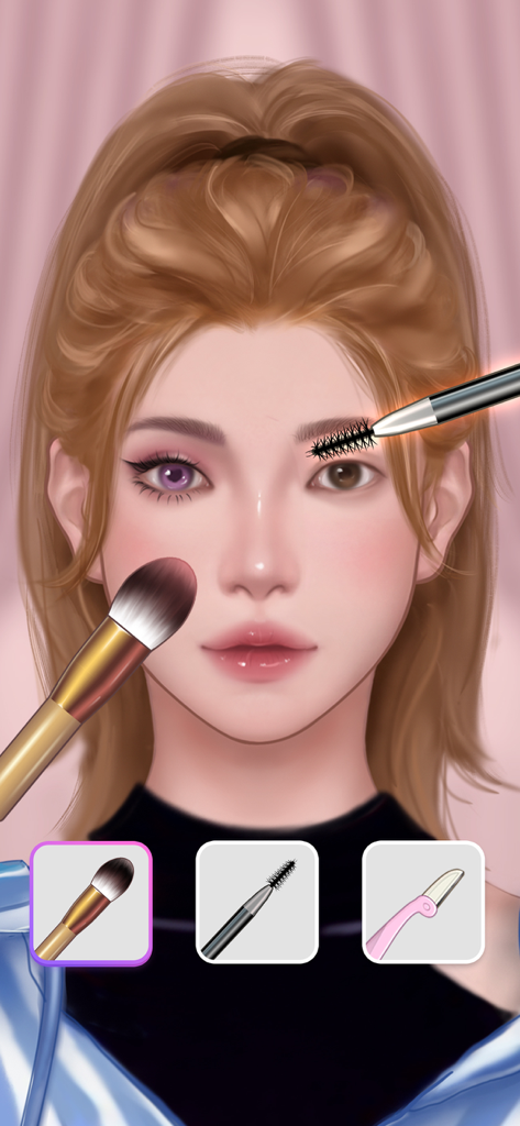 ASMR Simulator-Makeover&Relax - Digitale Figur erhält ein Make-up-Makeover mit einem Pinsel und Mascara in einem entspannenden ASMR-Spiel