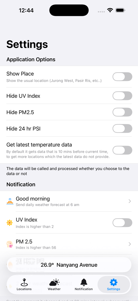 SG Weather Application - The settings interface of the SG Weather Application showing various display and notification toggles.