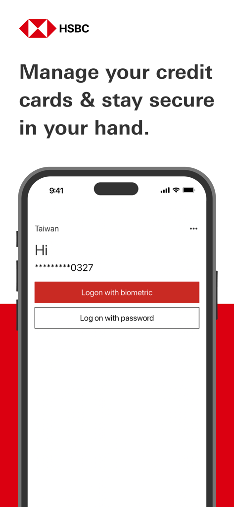 HSBC(TW) Credit Card - Interfaz de inicio de sesión de la aplicación móvil de la tarjeta de crédito HSBC Taiwán que muestra opciones biométricas y de contraseña.