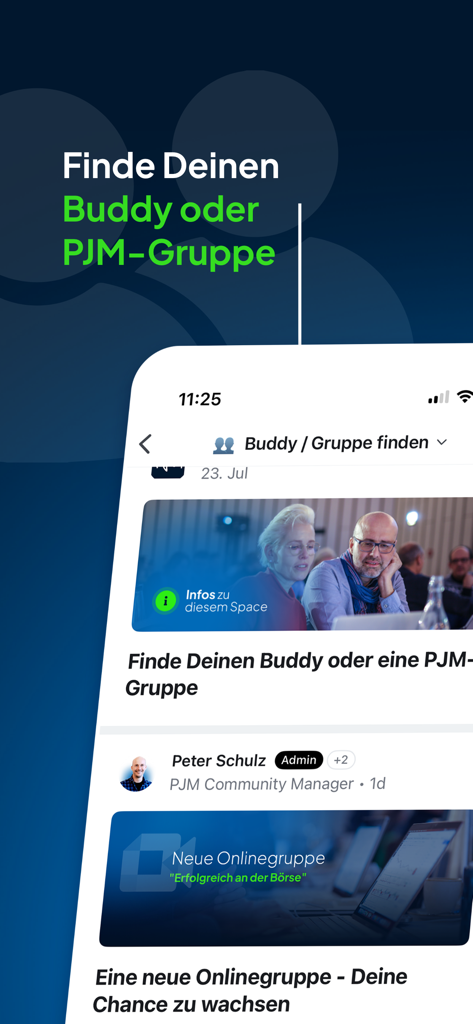 Mobile app screen showing community groups and networking features for investment professionals