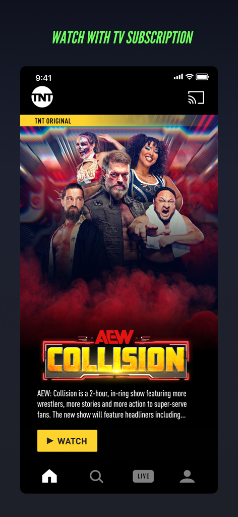 Watch TNT - Watch TNT App-Oberfläche, die die AEW Collision-Show mit einem gelben Wiedergabebutton zeigt.