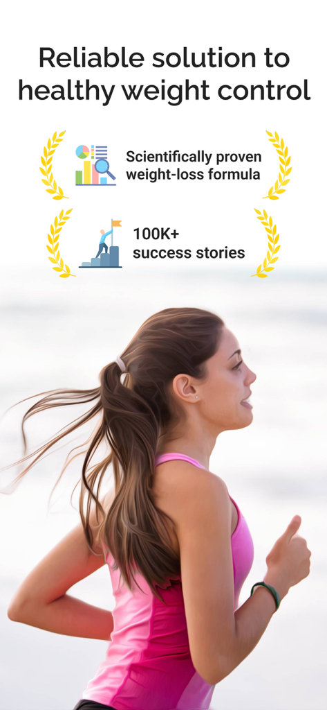 Imagem promocional do aplicativo Rastreador de Nutrição com uma mulher correndo e estatísticas de perda de peso.