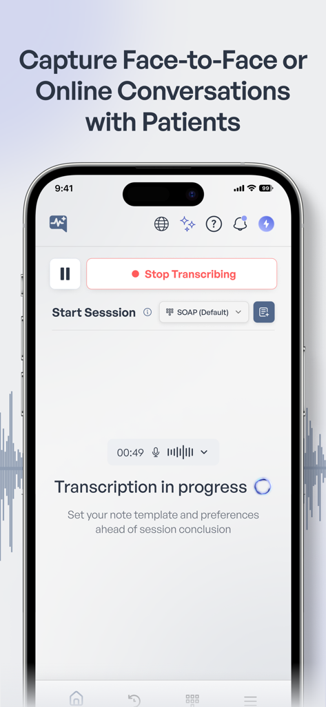 Medtalk: AI Medical Scribe - Pantalla de la aplicación Medtalk que muestra la transcripción en tiempo real por IA de una consulta médica con un paciente