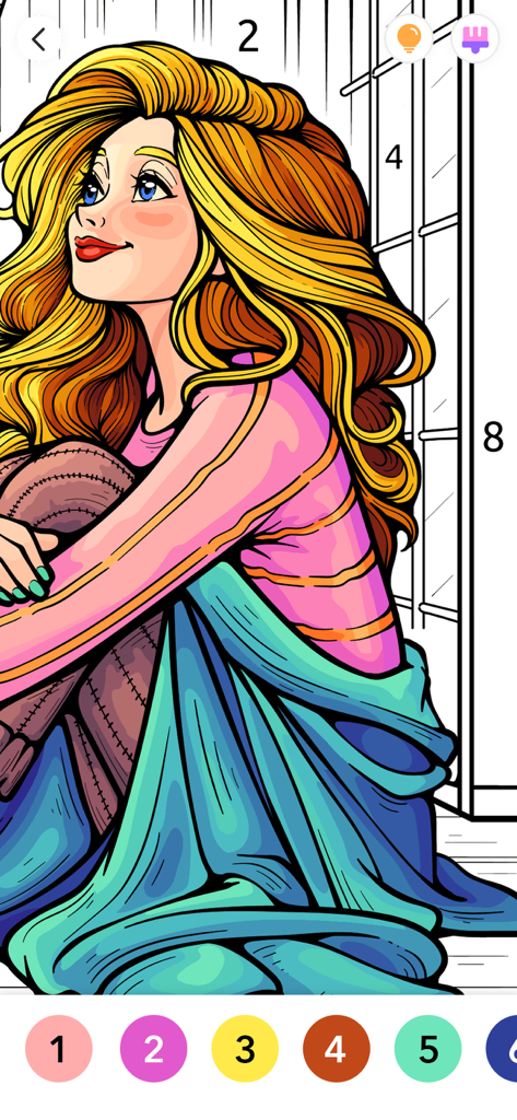 Digital coloring page of a girl with long blonde hair in the Paint ly app