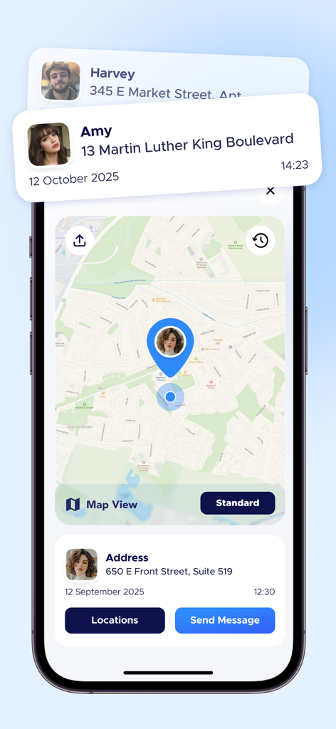 Locate X - Find Location - Interfaz de la aplicación Locate X que muestra la ubicación familiar en tiempo real en un mapa con notificaciones de dirección