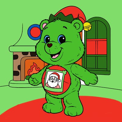 a carebear with a santa hat photo on it's belly and a elf hat on it's  head